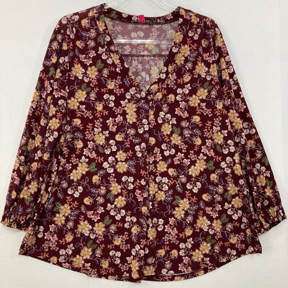 Vince Camuto‎ size XL Brown Yellow Floral V neck Stretch Pullover Blouse Elegant